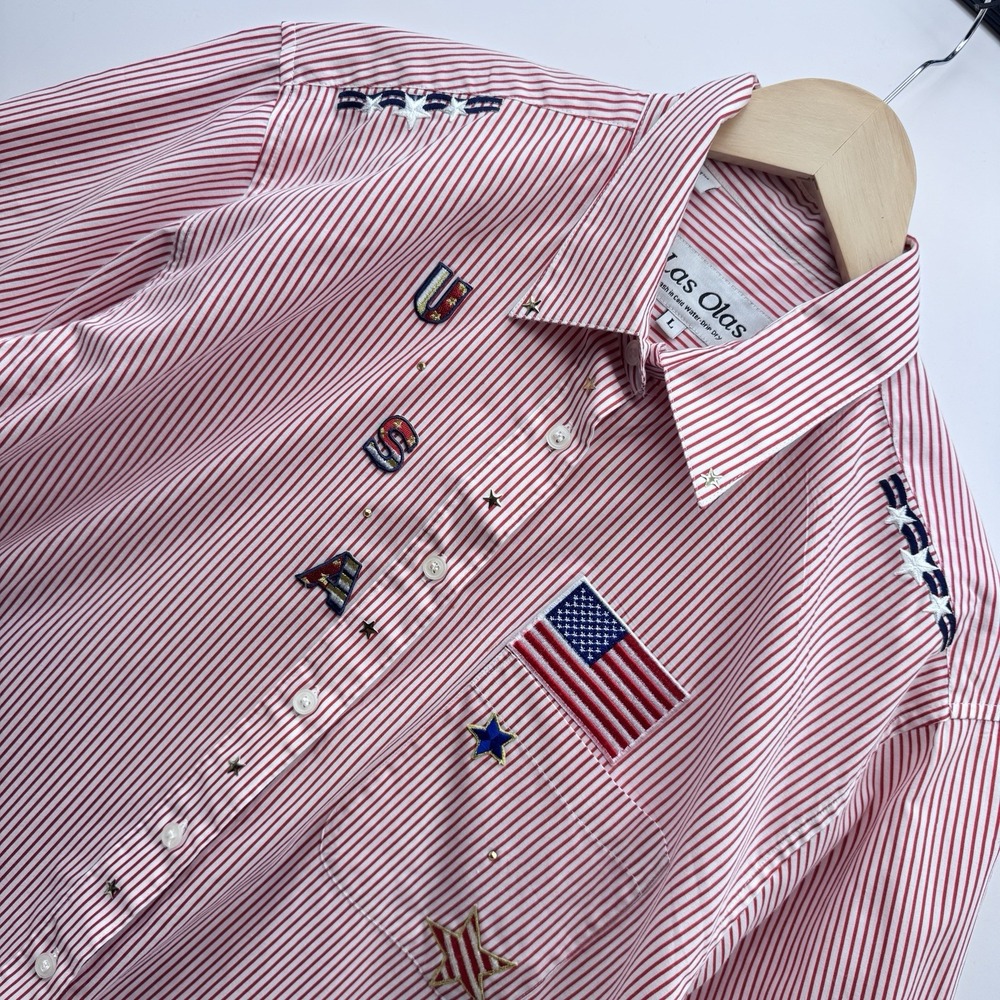 Las Olas Shirt Mens Large Red White Stripe Patriotic USA American Flag Studded L